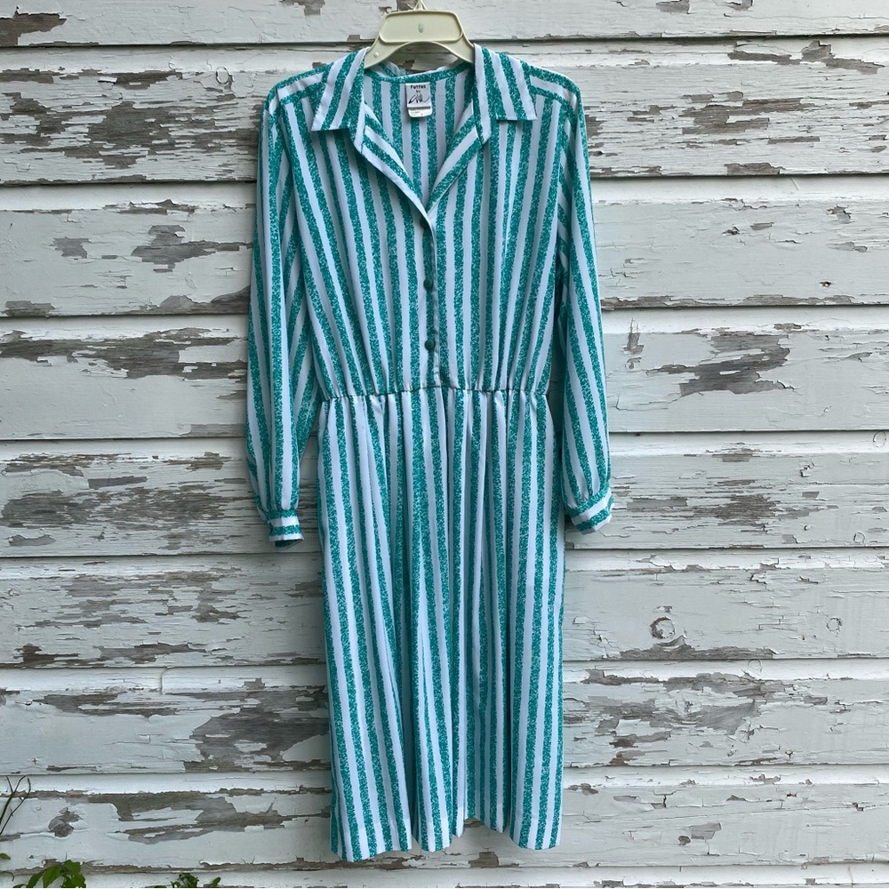 vintage 80s retro teal white striped blouson dress button belt elastic P16